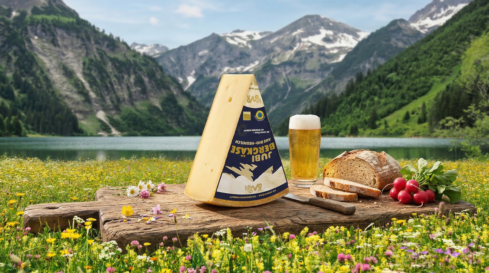 Auf dem Bild ist eine rustikale Picknickszene in der Natur zu sehen, die aus einem Stück Käse, Bier, Brot und Radieschen auf einem Holztisch besteht, umgeben von einer blühenden Wiese und Bergen im Hintergrund.