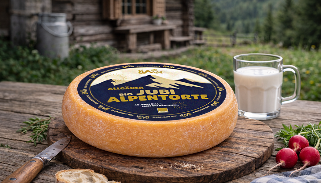 Auf dem Bild ist ein runder Käse mit der Aufschrift 